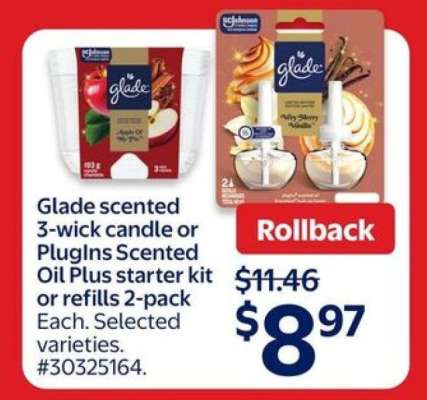 Glade scented 3-wick candle or PlugIns Scented Oil Plus starter kit or refills 2-pack