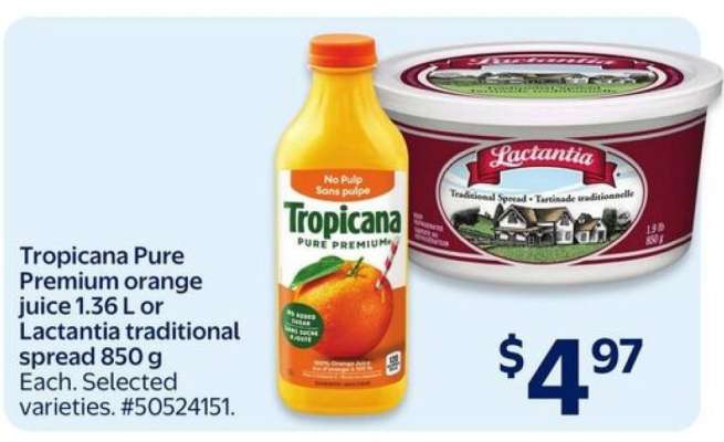Tropicana Pure Premium Orange Juice or Lactantia Traditional Spread