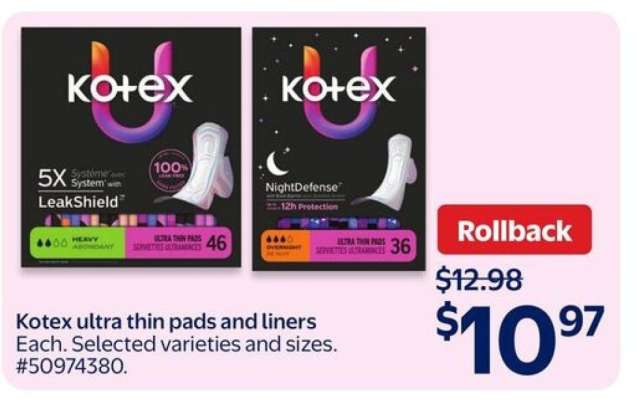 Kotex ultra thin pads and liners