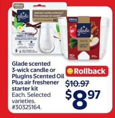 Glade scented 3-wick candle or PlugIns Scented Oil Plus air freshener starter kit