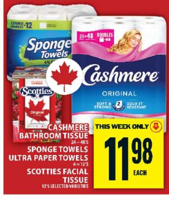 Cashmere Bathroom Tissue, Sponge Towels Ultra Paper Towels, Scotties Facial Tissue