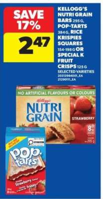 Kellogg's Nutri-Grain Bars, Pop-Tarts, Rice Krispies Squares, Special K Fruit Crisps
