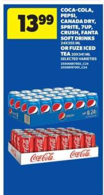 Coca-Cola, Pepsi, Canada Dry, Sprite, 7UP, Crush, Fanta Soft Drinks or Fuze Iced Tea