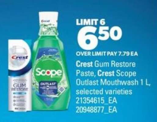 Crest Gum Restore Paste, Crest Scope Outlast Mouthwash 1 L