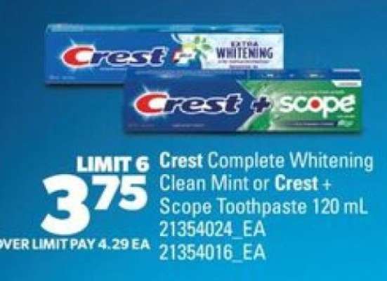 Crest Complete Whitening Clean Mint or Crest + Scope Toothpaste