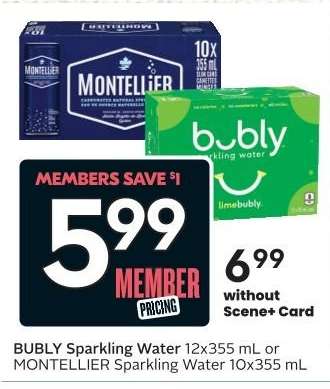 BUBLY SPARKLING WATER, 12x355 mL or MONTELLIER SPARKLING WATER, 10x355 mL