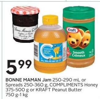 BONNE MAMAN Jam or Spreads, COMPLIMENTS Honey, KRAFT Peanut Butter