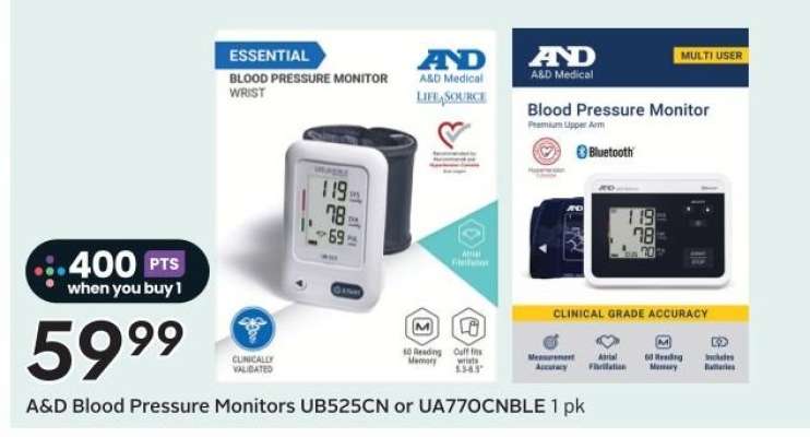 A&D Blood Pressure Monitors UB525CN or UA770CNBLE