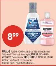 ORAL-B PULSAR ADVANCED EXPERT ALL-IN-ONE Battery Toothbrush / CREST PRO-HEALTH ADVANCED (946mL) or LISTERINE CLINICAL SOLUTIONS (500mL) Mouthwash