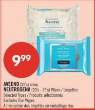 AVEENO (25's) or NEUTROGENA (20's - 25's) Wipes