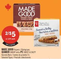 MADE GOOD Organic / Biologique, QUAKER CHEWY or/ou PC SWEET & SALTY Granola Bars