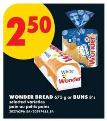 WONDER BREAD 675 g or BUNS 8's