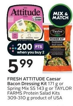 FRESH ATTITUDE Caesar Bacon Dressing Kit or TAYLOR FARMS Protein Salad Kits