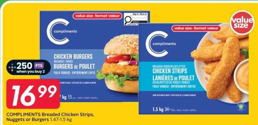 Compliments Breaded Chicken Strips, Nuggets or Burgers
