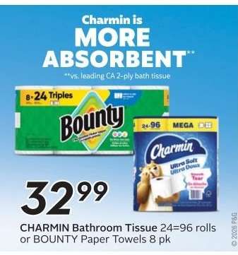 CHARMIN BATHROOM TISSUE or BOUNTY PAPER TOWELS