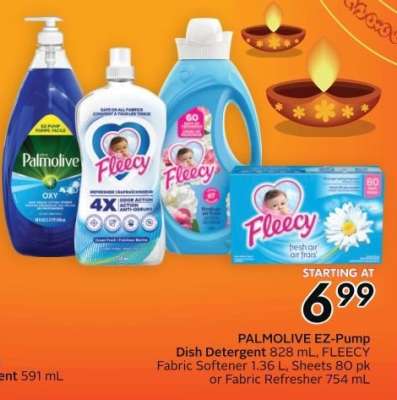 PALMOLIVE EZ-Pump Dish Detergent 828 mL, FLEECY Fabric Softener 1.36 L, Sheets 80 pk or Fabric Refresher 754 mL