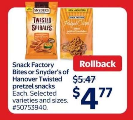 Snack Factory Bites or Snyder’s of Hanover Twisted pretzel snacks