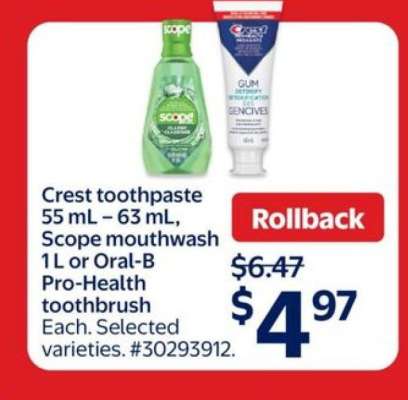 Crest toothpaste, Scope mouthwash, Oral-B Pro-Health toothbrush
