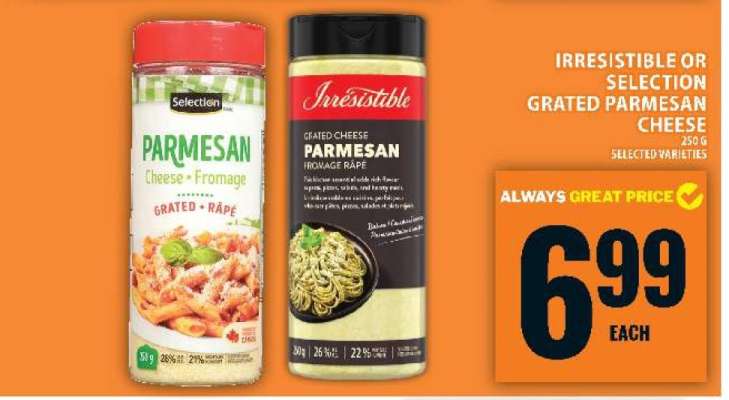 Irresistible or Selection Grated Parmesan Cheese