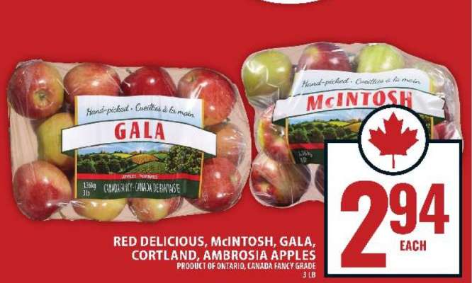 Red Delicious, McIntosh, Gala, Cortland, Ambrosia Apples